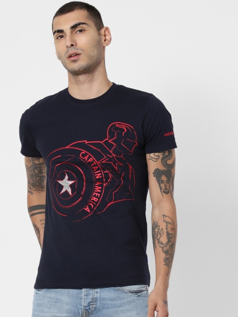 

Jack & Jones Men Navy Blue & Red Printed Captain America Round Neck T-shirt