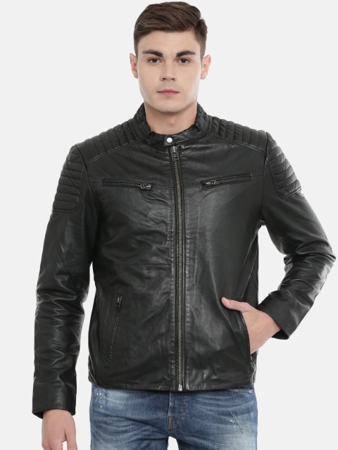 

Jack & Jones Men Black Solid Leather Jacket