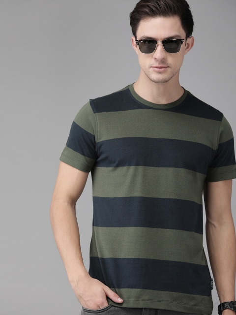 

Roadster Men Olive Green Navy Blue Striped Round Neck Pure Cotton T-shirt
