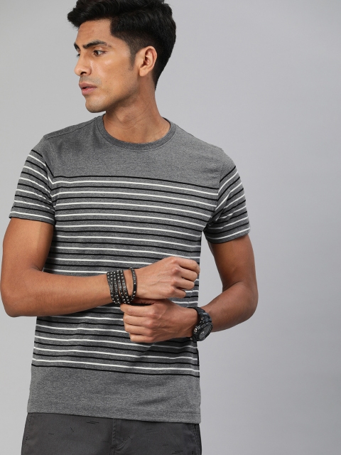 

The Roadster Lifestyle Co Men Grey Melange White Striped Round Neck Pure Cotton T-shirt
