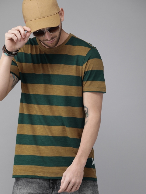 

The Roadster Lifestyle Co Men Brown Green Striped Round Neck Pure Cotton T-shirt