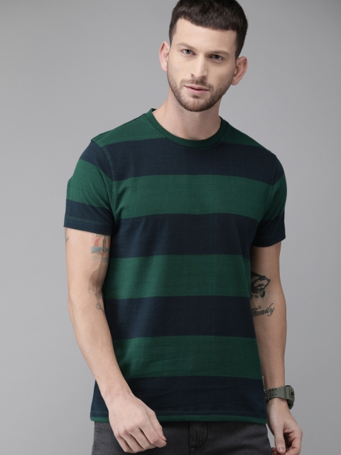 Men Green Navy Blue Striped Round Neck Pure Cotton T-shirt