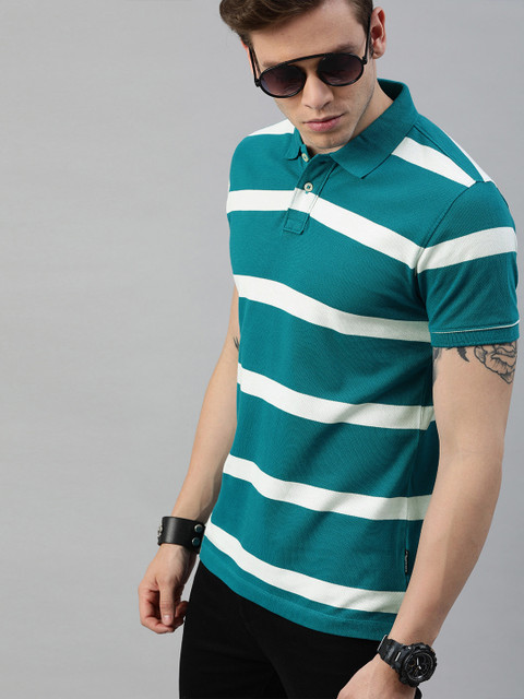 

Roadster Men Teal Blue and White Striped Polo Collar T-shirt