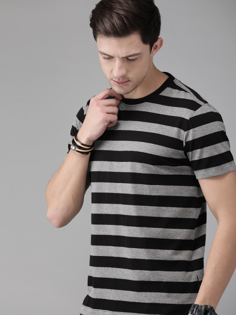 

Roadster Men Black & Grey Striped Round Neck T-shirt