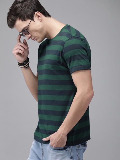 

Roadster Men Green Navy Blue Striped Round Neck Pure Cotton T-shirt