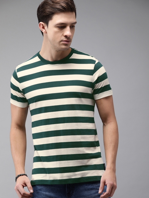 

Roadster Men Green & White Striped Round Neck T-shirt