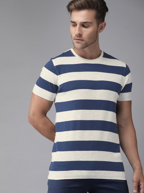 

Roadster Men Off White & Navy Blue Striped Round Neck T-shirt