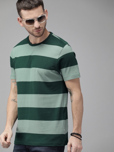 

The Roadster Lifestyle Co Men Green Striped Round Neck Pure Cotton T-shirt
