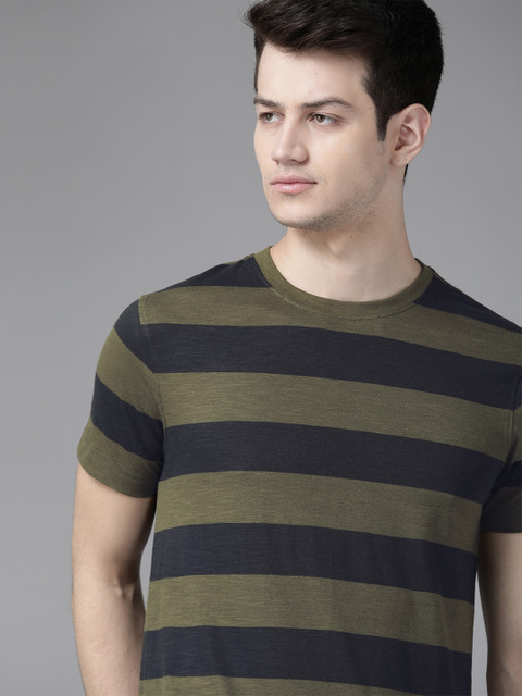 

Roadster Men Olive Green & Navy Blue Striped Round Neck T-shirt