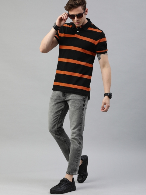 

Roadster Men Black & Orange Striped Polo Collar T-shirt