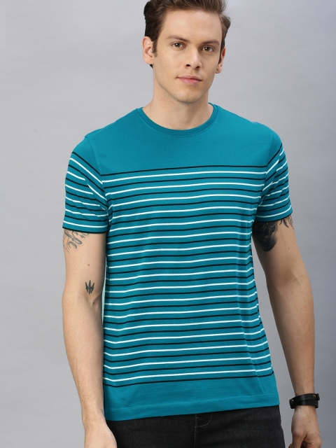 

Roadster Men Teal Blue & White Striped Round Neck T-shirt