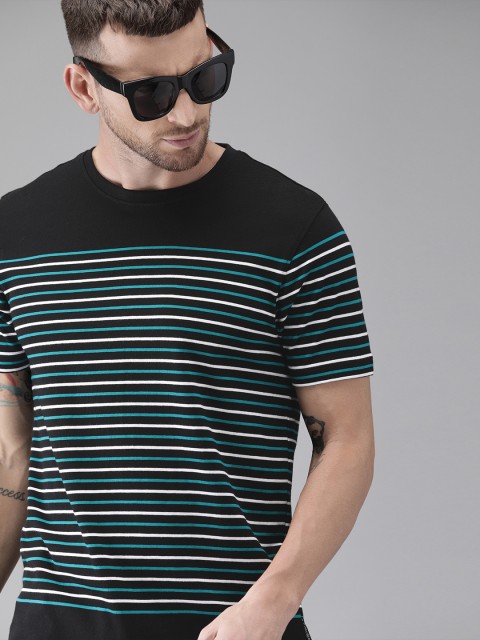 

Roadster Men Black & White Striped Round Neck T-shirt
