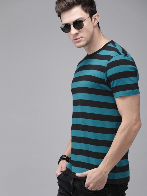 

The Roadster Lifestyle Co Men Teal Blue Black Striped Round Neck Pure Cotton T-shirt