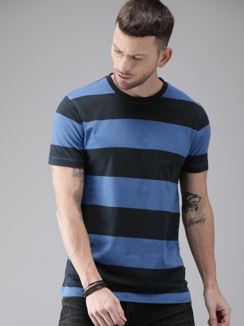 

Roadster Men Navy Blue Striped Round Neck Pure Cotton T-shirt