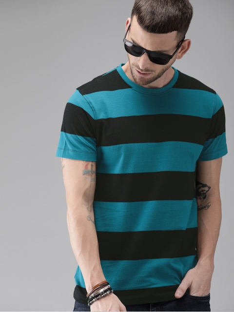 

Roadster Men Black & Teal Blue Striped Round Neck T-shirt