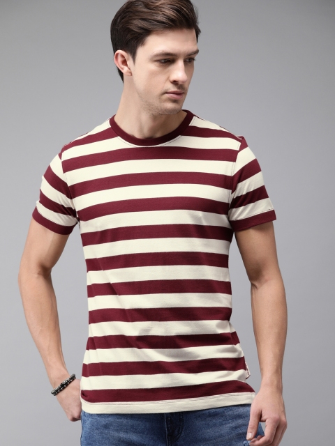 

The Roadster Lifestyle Co Men Red & Off White Striped Round Neck T-shirt