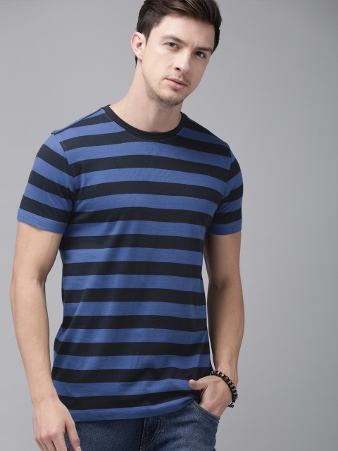 

Roadster Men Navy Blue Striped Round Neck Pure Cotton T-shirt
