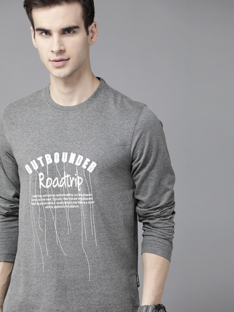

Roadster Men Grey Melange & White Typography Printed T-shirt