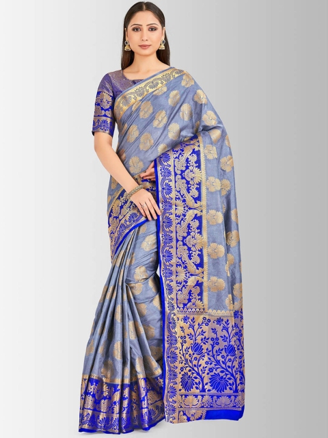 

MIMOSA Blue & Gold-Toned Art Silk Woven Design Kanjeevaram Saree