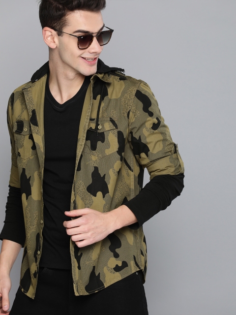 

HERE&NOW Men Olive Green & Black Slim Fit Camouflage Printed Hooded Casual Shirt