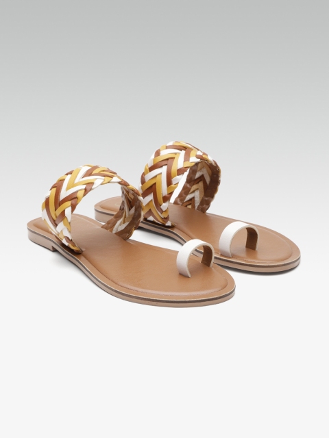 

Carlton London Women Mustard Yellow & Brown Colourblocked & Braided One Toe Flats