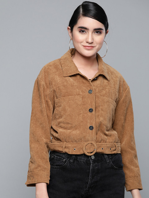 

VividArtsy Women Brown Solid Corduroy Tailored Jacket With Belt