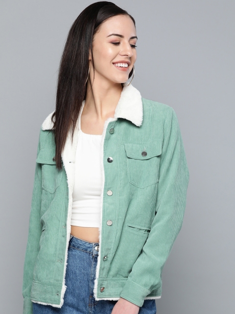 

VividArtsy Women Sea Green Solid Corduroy Tailored Jacket
