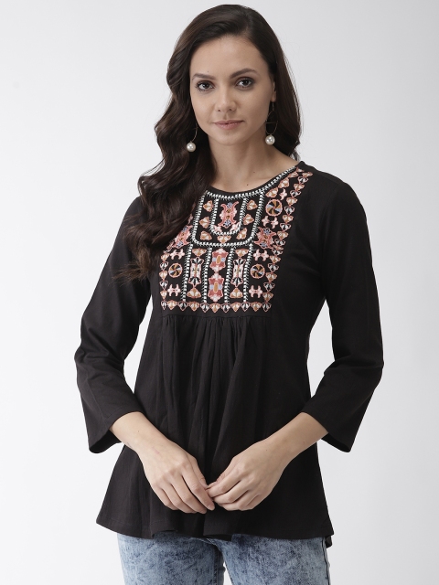 

Rue Collection Women Black Embroidered A-Line Top