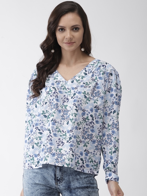

Rue Collection Women White & Blue Floral Print Boxy Top
