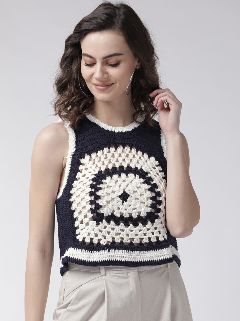 

Rue Collection Women Navy Blue & White Self Design Crop Top