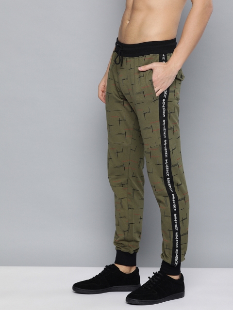 

HERE&NOW Men Olive Green & Black Printed Slim Fit Joggers