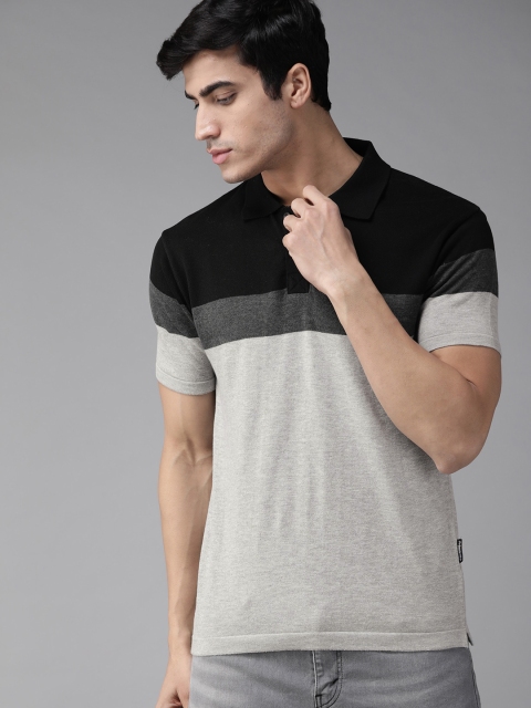 

The Roadster Lifestyle Co Men Grey Melange & Black Colourblocked Polo Collar T-shirt