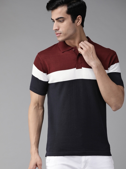 

Roadster Men Navy Blue & Maroon Colourblocked Polo Collar T-shirt