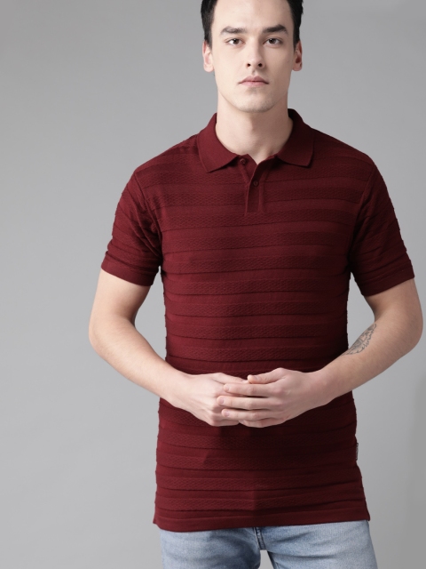

Roadster Men Maroon Self-Striped Polo Collar T-shirt
