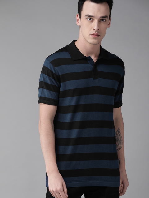 

Roadster Men Navy Blue & Black Striped Polo Collar T-shirt