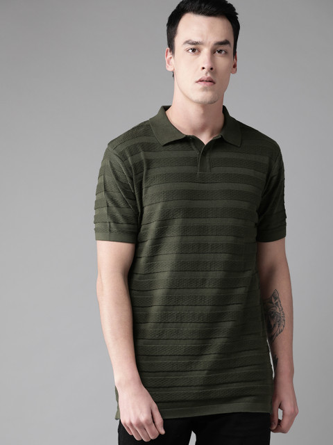 

The Roadster Lifestyle Co Men Olive Green Self-Striped Polo Collar T-shirt