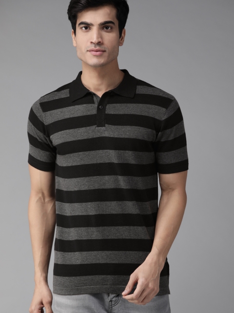 

The Roadster Lifestyle Co Men Black & Charcoal Grey Striped Polo Collar T-shirt