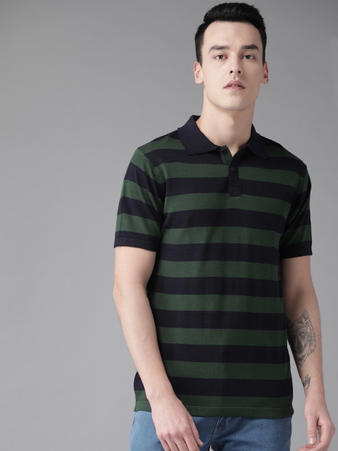 

Roadster Men Navy Blue Striped Polo Collar T-shirt