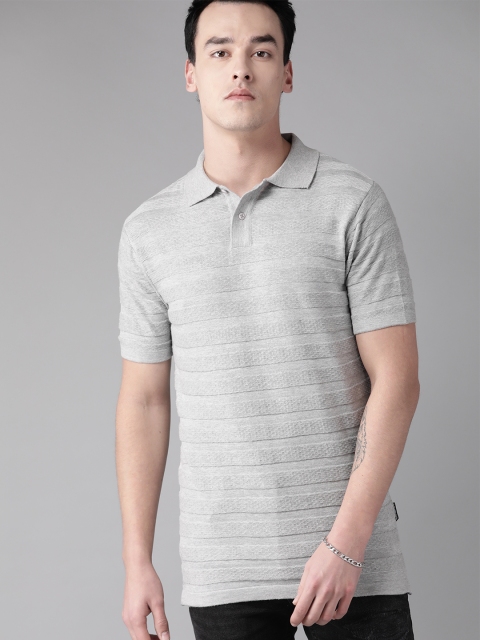 

Roadster Men Grey Melange Self-Striped Polo Collar T-shirt