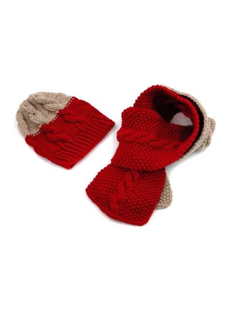 

Magic Needles Kids Red & Beige Handmade Cap and Scarf Set
