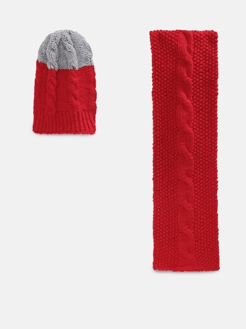 

Magic Needles Kids Red & Grey Handmade Cap and Scarf Set
