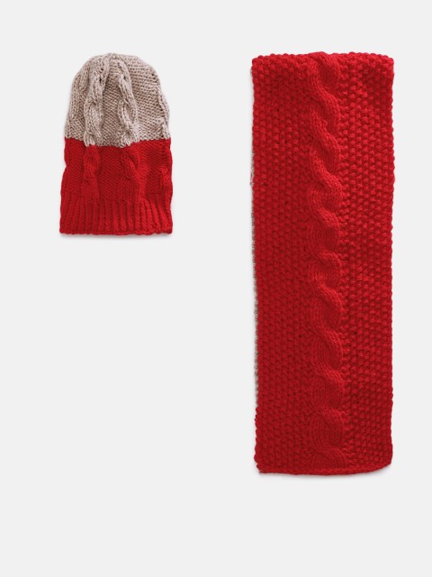 

Magic Needles Kids Red & Beige Handmade Woolen Cap and Scarf Set