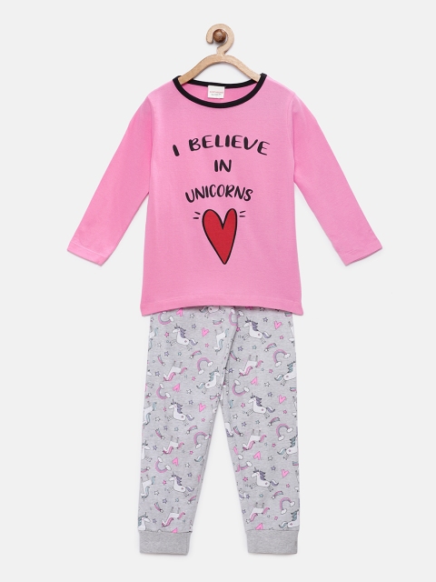 

RAINE AND JAINE Girls Pink & Grey Printed Night Suit