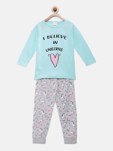 

RAINE AND JAINE Girls Green & Grey Printed Night Suit