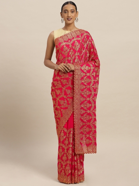 

Soch Coral Red & Golden Poly Georgette Embroidered Saree