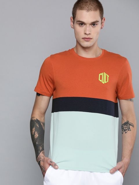 

Cultsport Men Rust Orange & Turquoise Blue Colourblocked Round Neck T-shirt