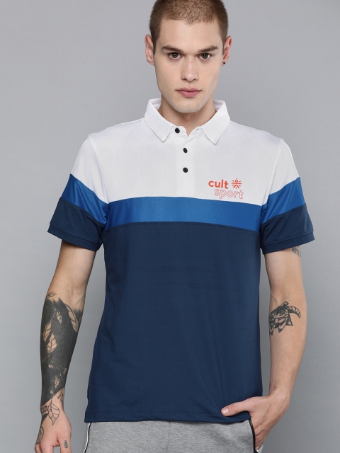 

Cultsport Men White & Blue Colourblocked FLYDRY Polo Collar T-shirt