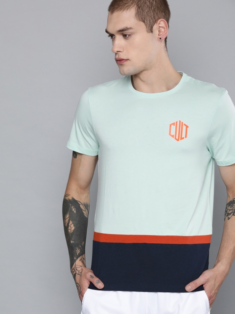 

Cultsport Men Blue & Rust Orange Colourblocked Round Neck T-shirt