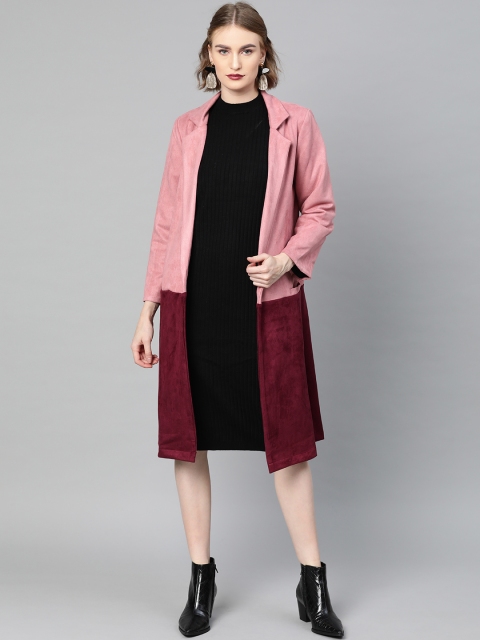 

Athena Women Rose & Burgundy Suede Finish Colourblocked Overcoat