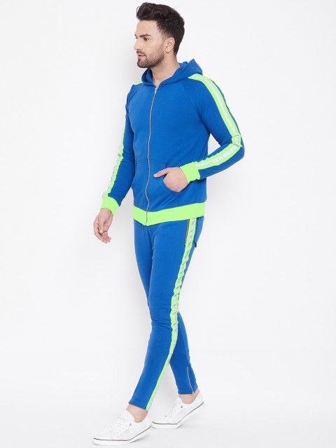 

FUGAZEE Men Blue & Fluorescent Green Solid Slim-Fit Track suit